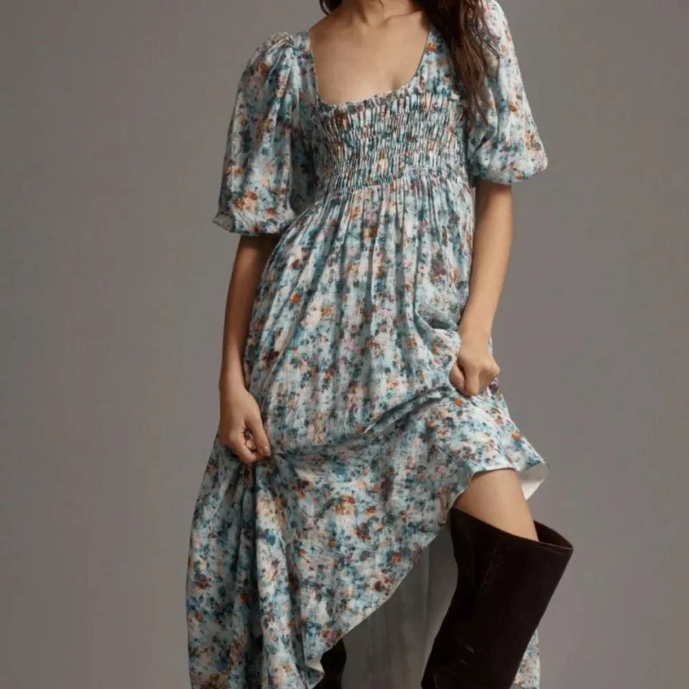 By Anthropologie Floral Dress Milkmaid Watercolor Blue Midi Size XXS - Picture 2 of 12